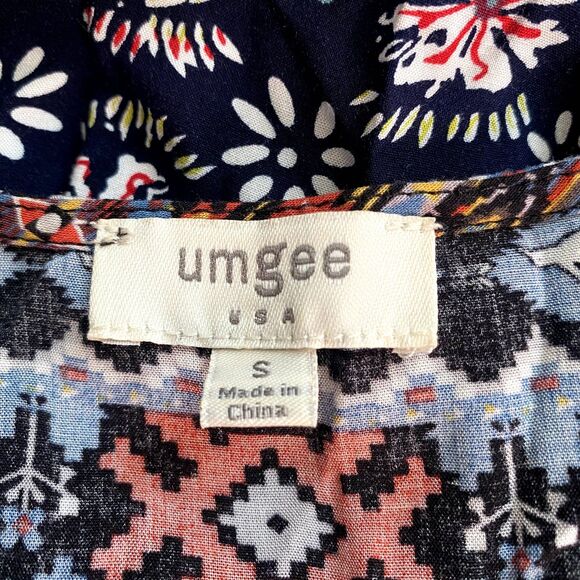 Umgee USA‎ Mini Peasant Dress Navy Blue Mixed Print Boho Southwestern Size Small - Picture 5 of 6